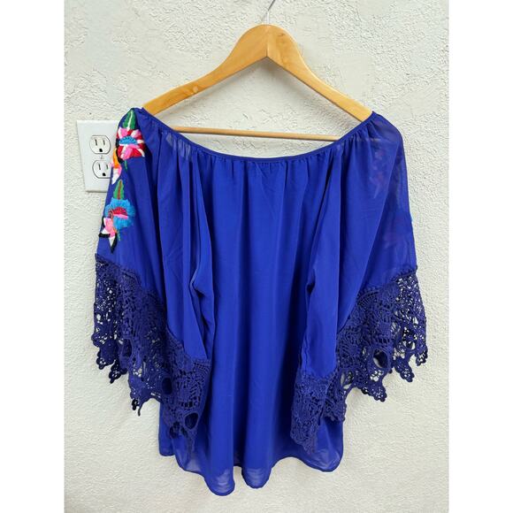 Va Va by Joy Han Embroidered Crocheted Sleeve Blouse Cobalt Blue Large - Picture 2 of 7